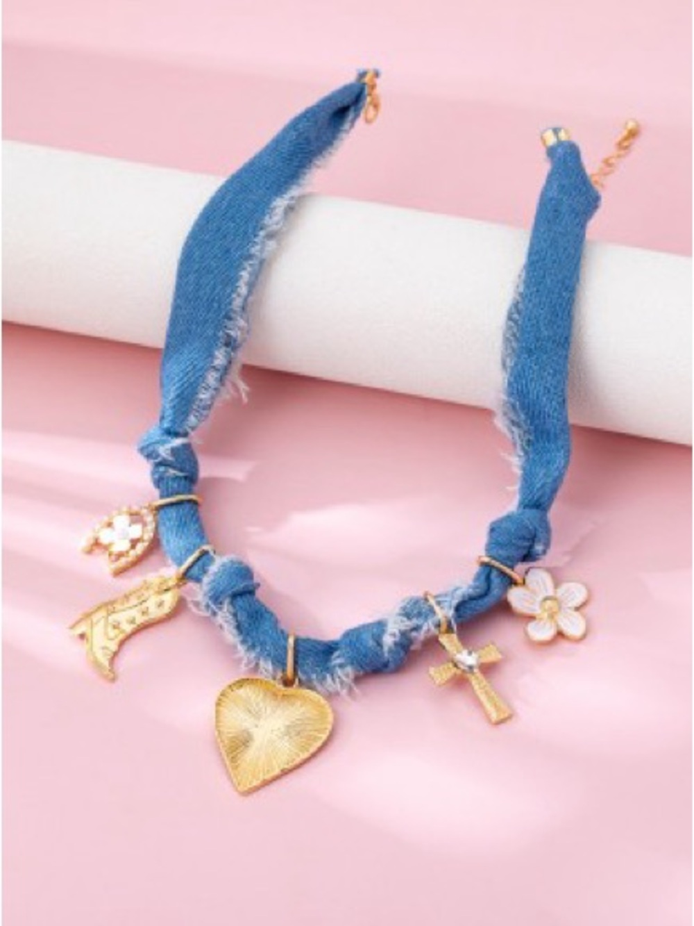 Fashion Denim Charm Necklace with Gold Accents - Blue